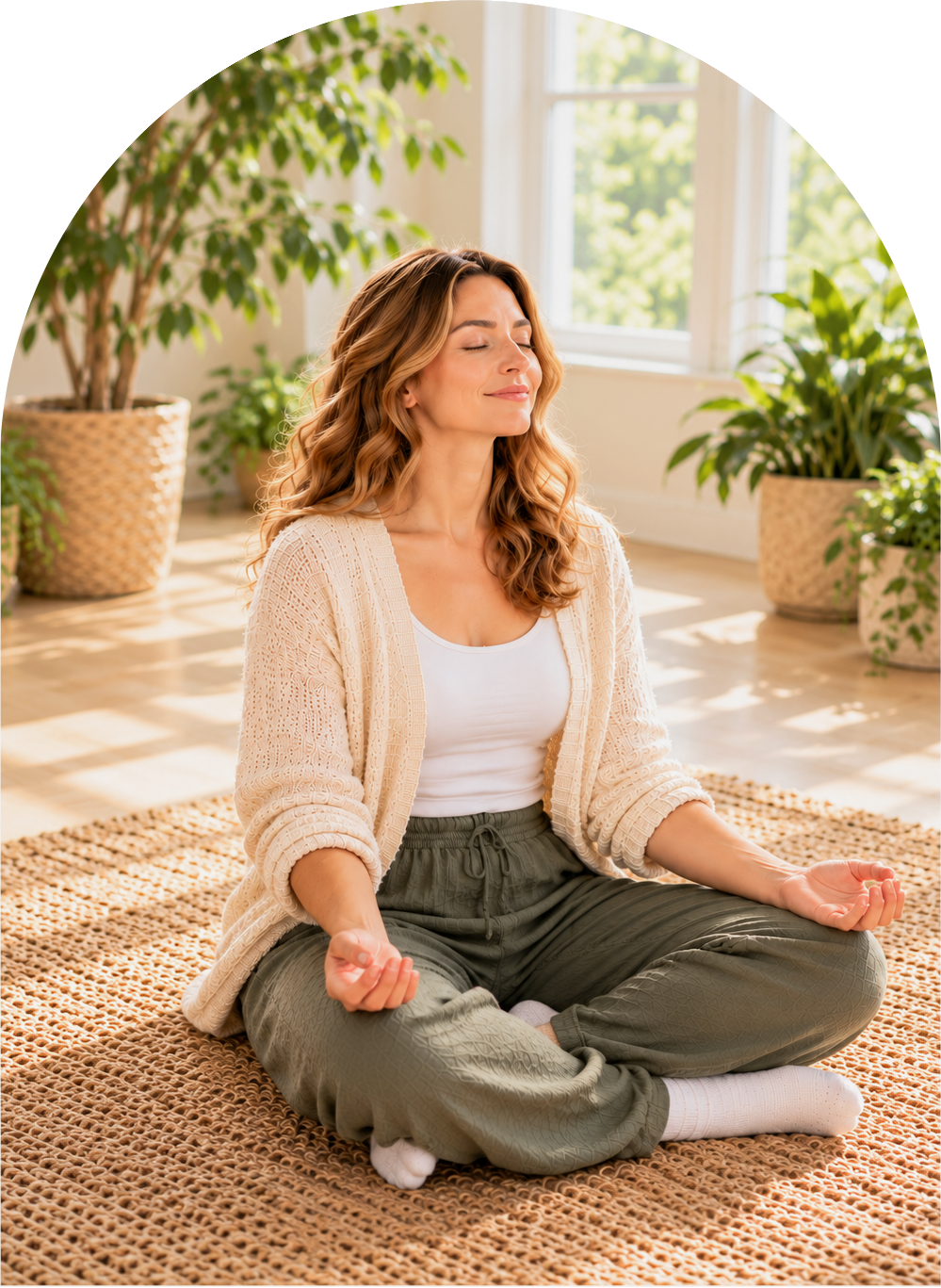 A woman sitting cross-legged in meditation with gently relaxed hands