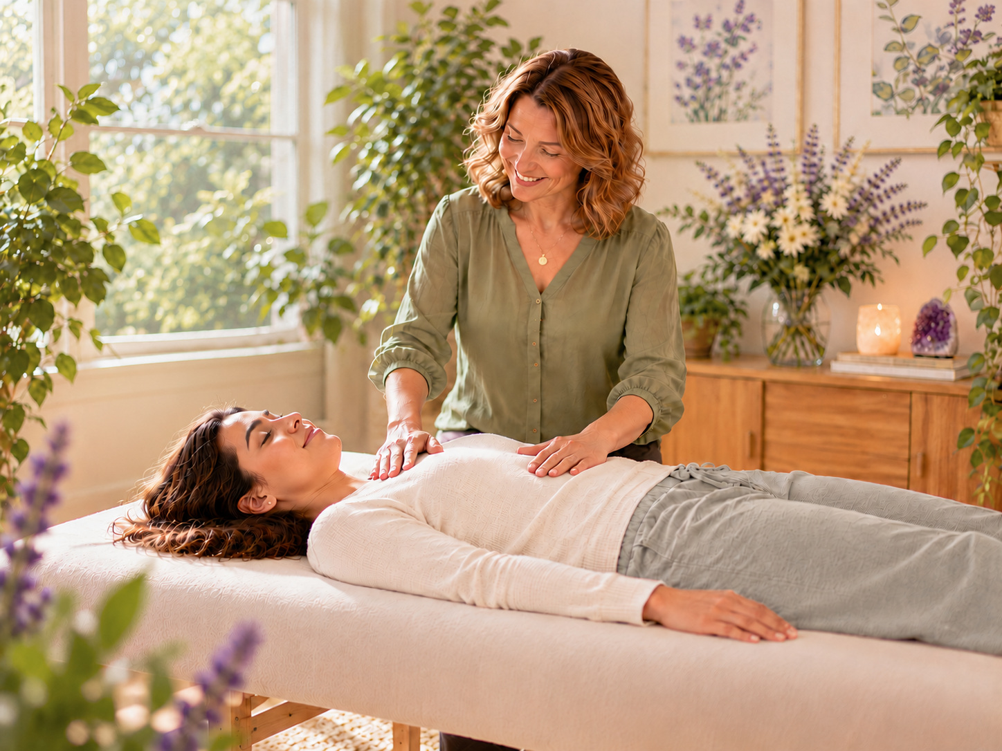 Clothed client receiving gentle hands-on Energy Healing Massage
